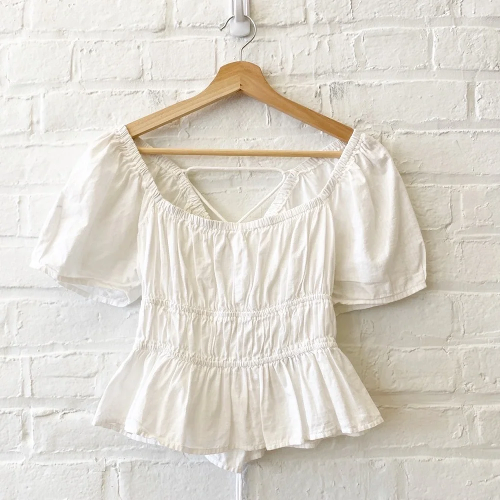 Free People || Phoebe‎ Smocked Puff Sleeve Lace Up Open Back Top White XS